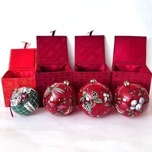 Set of 4 Glass Painted Art Christmas Holiday Party Ornaments Fruits Flowers